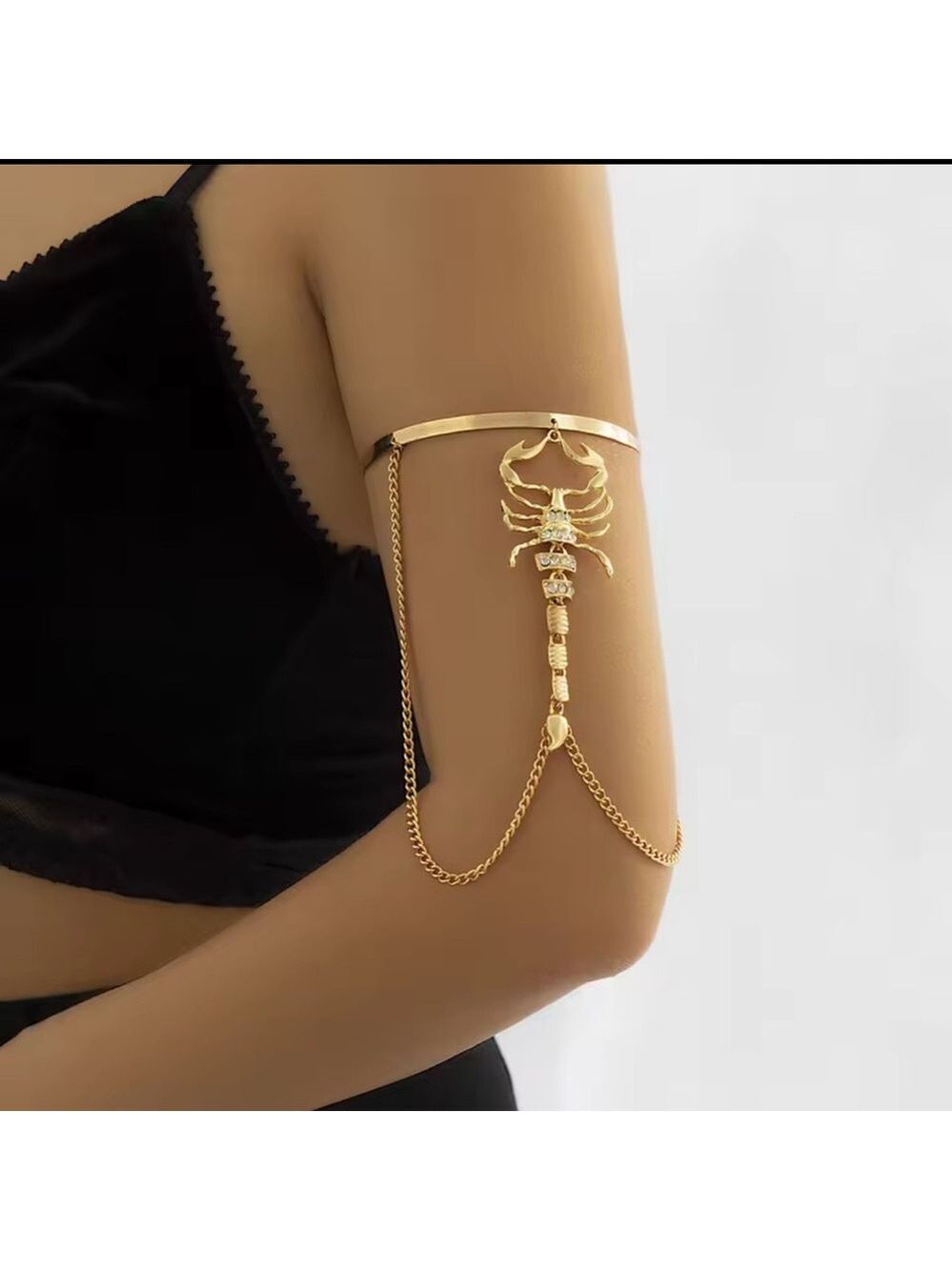 New Gold Scorpion Upper High Arm Cuff Bracelet w/ Rhinestone & Chain Accents - Picture 6 of 11